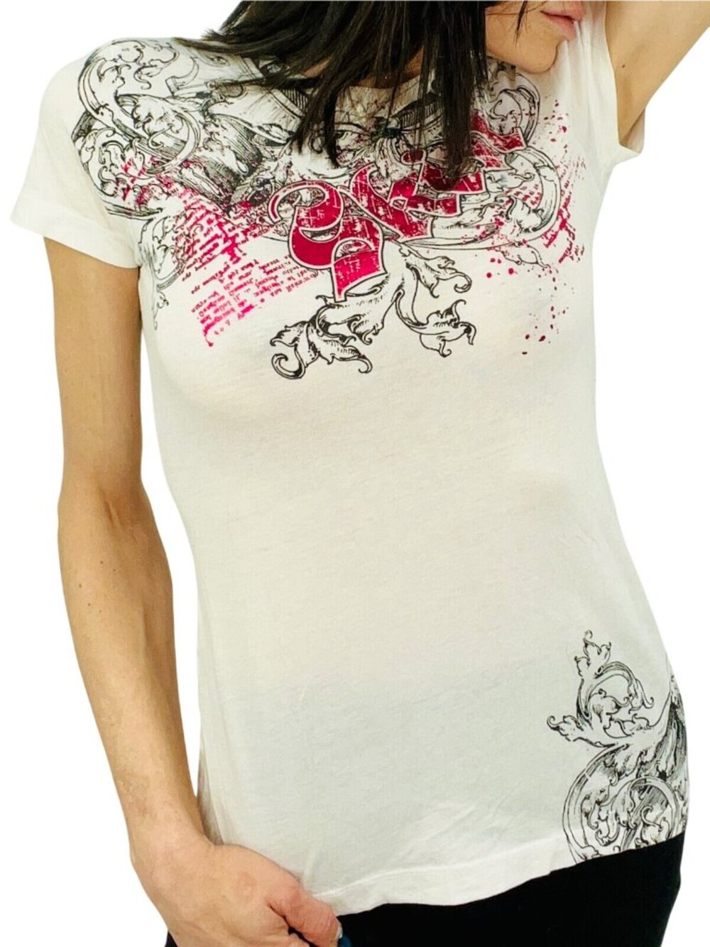 RARE Vintage 90s SKIN Fitted Metallic Tattoo Graphic Logo Tee | Y2K - Picture 10 of 16